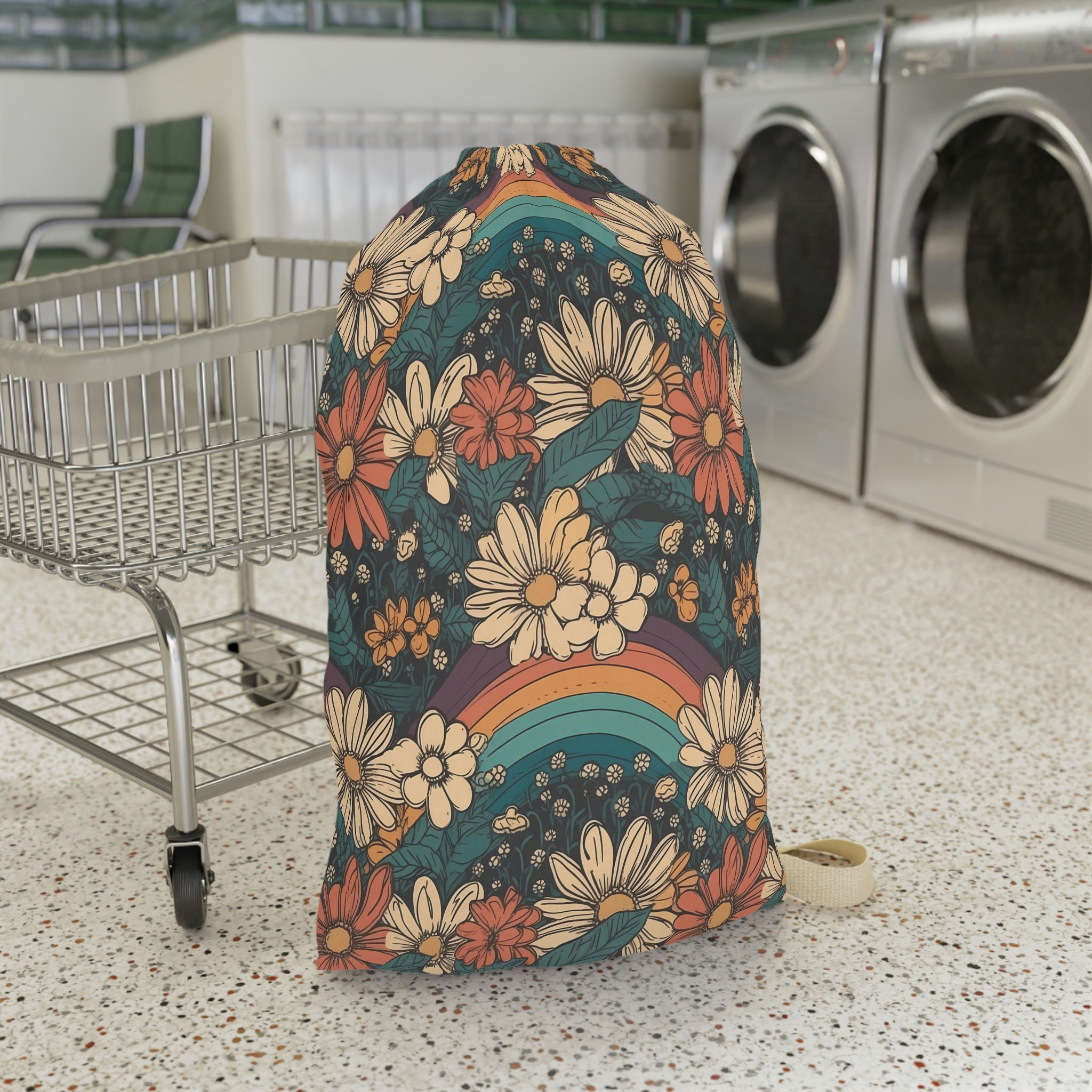 Retro Daisy Rainbow Laundry Bags. Laundry Bag with strap. large laundry bag