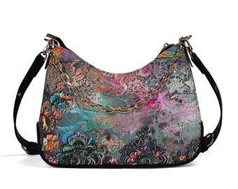 Bolso de hombro gótico con encaje floral Dark Enchantment: bandolera vintage de piel sintética.