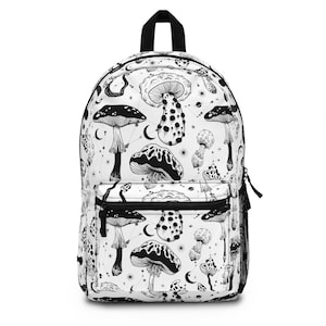 Sac à dos champignon blanc et noir. Cartable en forme de champignon. Sac à dos avec poche intérieure pour ordinateur portable.