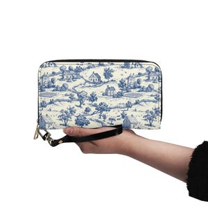 Cartera de piel vegana Toile-de-Jouy. Monedero de mano con correa. Regalo para ella. Cartera de piel. Cartera estética con cremallera. Tarjetero.