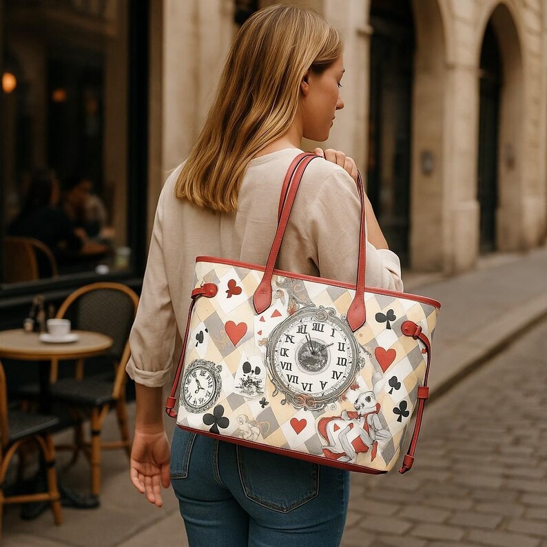 Puede incluir: Una bolsa de mano blanca con un dise&ntilde;o rojo, negro y blanco con cartas de juego, un reloj y un conejo. La bolsa tiene asas rojas.