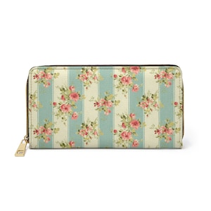 Vintage floral. Portefeuille à fermeture éclair. Portefeuille pour femme. Porte-monnaie. Cadeau pour elle. Portefeuille en cuir végétalien. Portefeuille pour femme