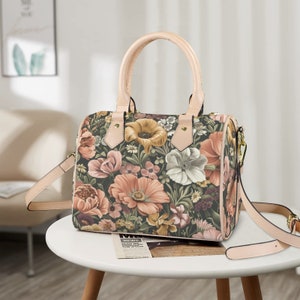 Bolso de mano de cuero Boston Petal Party. Bolso de mano de cuero sintético resistente al agua, asa superior de cuero vegano, bandolera, bolso de hombro.