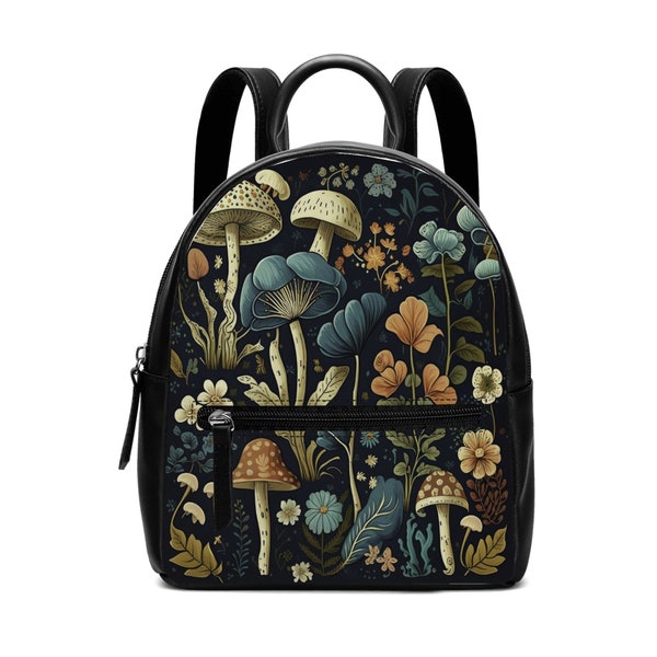 Mushroom Garden Small Backpack. PU leather backpack. Womans backpack purse. Gift for her. Unique gift