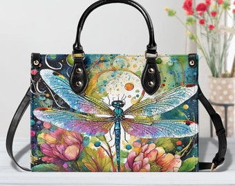 Watercolor Dragonfly Handbag. Colorful Handbag, Waterproof PU Leather Handbag, Top Handle Vegan Leather, Crossbody, Shoulder bag.