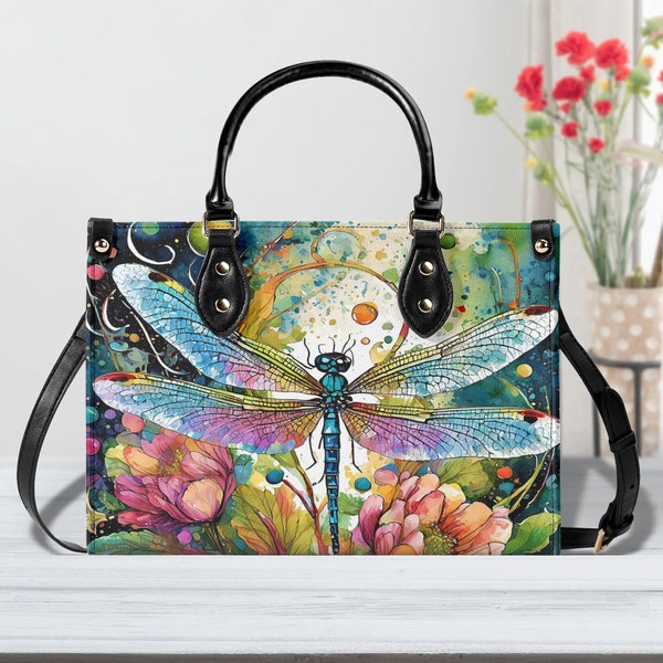 Watercolor Dragonfly Handbag. Colorful Handbag, Waterproof PU Leather Handbag, Top Handle Vegan Leather, Crossbody, Shoulder bag.