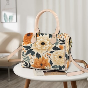 Bolso Boston de cuero Sunset Blossom. Bolso de mano de cuero sintético resistente al agua, asa superior de cuero vegano, bandolera, bolso de hombro.