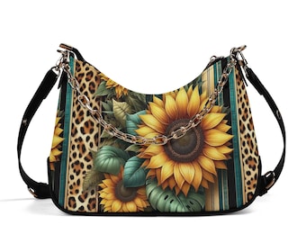 Bolso Hobo Leopardo Girasol Silvestre – Bolso de hombro floral bohemio – Bandolera estilo western chic