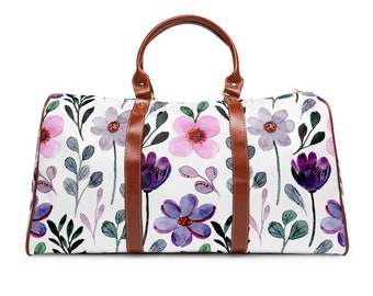 Watercolor Flowers Travel Bag. Waterproof Travel Bag. Woman's Overnight bag. Carry on, Spring Floral Bag, Vegan Leather Bag