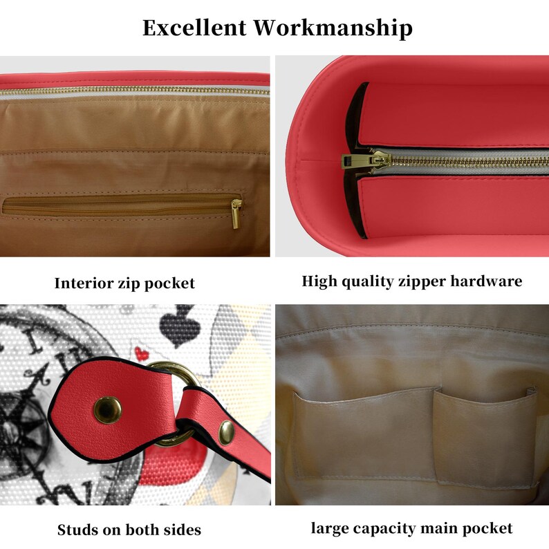 Puede incluir: Primer plano de un bolso tote rojo con cierre de cremallera y un estampado en blanco y negro de cartas de juego y un reloj. El bolso tiene un bolsillo con cremallera, un bolsillo principal grande y tachuelas en los lados.