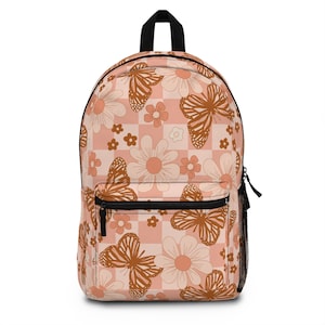 Retro 70s Butterfly Backpack. Checkered Backpack. Laptop Pocket. Gift for teen girls. Hippie Backpack