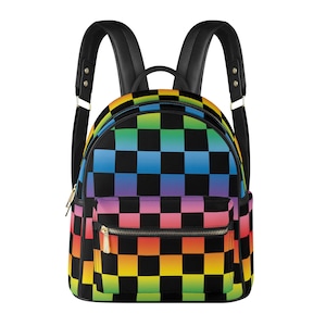 Mochila impermeable de piel sintética con cuadros arcoíris, de piel vegana ecológica, con correas de hombro ajustables.