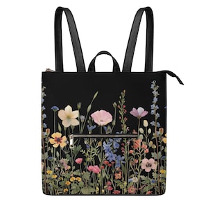 Bloom in Style Sac à dos imperméable en cuir PU pour femmes, sac cartable carré. Sac à dos zippé. Idée cadeau. Sac fleuri.