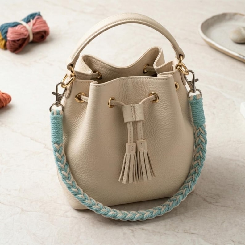 May include: Cream-colored bucket bag with a braided blue and white strap. The bag has a top handle and drawstring closure with tassels. Gold-tone hardware accents the bag's design. The bag is made of a textured material.