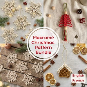 Könnte beinhalten: Eine Sammlung von Makramee-Weihnachtsornamenten, darunter cremeweiße Schneeflocken, ein roter Baum mit Holzperlen und eine braune Hausform. Das Bild enthält den Text Macrame Christmas Pattern Bundle, English und French.