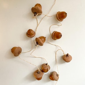 May include: A string of decorative acorns with light brown caps and darker brown bodies. The acorns are connected by a thin, off-white wire, creating a natural, rustic aesthetic. Ideal for fall or woodland-themed decor.
