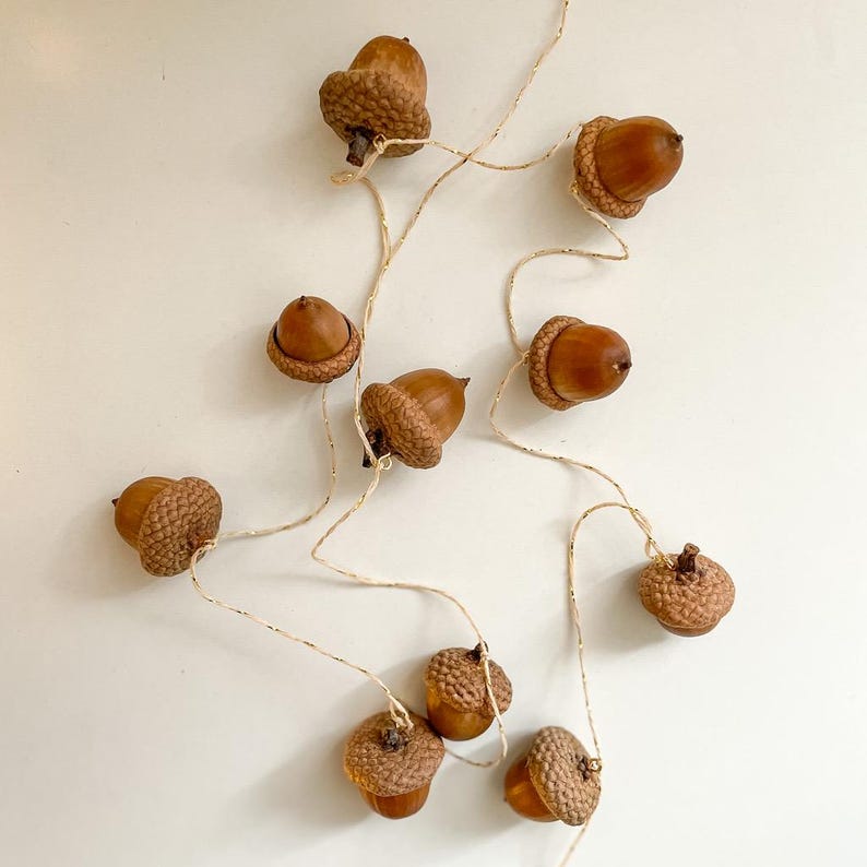 May include: A string of decorative acorns with light brown caps and darker brown bodies. The acorns are connected by a thin, off-white wire, creating a natural, rustic aesthetic. Ideal for fall or woodland-themed decor.