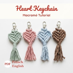 Wzór na brelok w kształcie serca makramy w języku angielskim i francuskim w formacie PDF, łatwy samouczek, kreatywny pomysł DIY