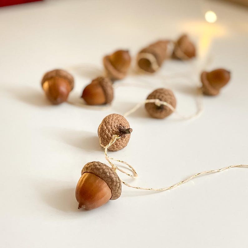 May include: A collection of brown acorns with textured caps and smooth, shiny bodies. Some acorns are strung together with a thin, natural-colored twine, creating a garland effect. The acorns are arranged on a white surface, with a soft, blurred background.