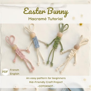 Easter Bunny Craft Pattern PDF English and French, Beginner Macrame Tutorial, Kids Easter DIY