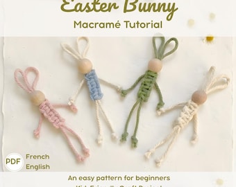Easter Bunny Craft Pattern PDF English and French, Beginner Macrame Tutorial, Kids Easter DIY
