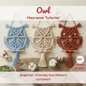 May include: Three macramé owl wall hangings in blue, beige, and rust-brown. Each owl has wooden bead eyes and a wooden dowel perch. The image includes the text "Owl Macramé Tutorial" and "Beginner-Friendly Owl Pattern -COTOKNOT-".
