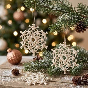 Puede incluir: Tres adornos de copo de nieve de macram&eacute; en color blanco roto hechos de cuerda anudada. Dos adornos cuelgan de ramas de pino verde, mientras que uno descansa sobre una superficie de madera. El dise&ntilde;o presenta una abertura circular central.