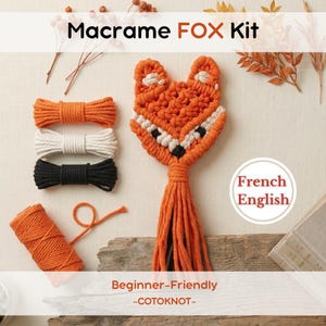 May include: Macrame FOX Kit with orange, white, and black cords. The kit includes an orange macrame fox head with a tassel, and the text "Beginner-Friendly -COTOKNOT-".