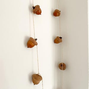 May include: A decorative garland featuring several acorns suspended by thin, gold-colored strings. The acorns have brown caps and a smooth, light brown body. The garland is against a white wall, creating a simple, natural aesthetic.