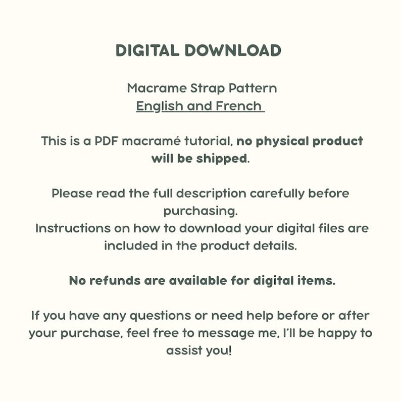 May include: A digital download graphic with the text "DIGITAL DOWNLOAD" at the top. Below, it reads "Macrame Strap Pattern English and French." Additional text provides details about the PDF tutorial and refund policy.