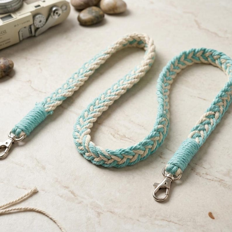 May include: Two braided camera straps. The straps are a combination of white and light blue, with silver metal clasps. The ends of the straps are wrapped in light blue thread. The straps are on a light-colored surface.