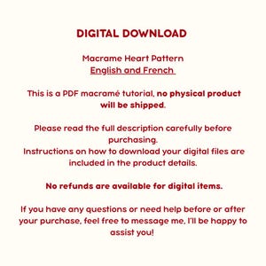 May include: A digital download graphic with the text "DIGITAL DOWNLOAD" at the top. Below, it reads "Macrame Heart Pattern English and French." Additional text provides details about the PDF tutorial and refund policy.