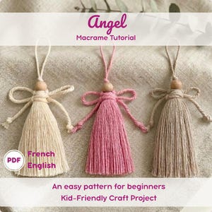 May include: Three macrame angel ornaments in cream, pink, and tan. Each angel features a wooden bead head, looped wings, and a tassel body. The image includes the text "Angel Macrame Tutorial" and "An easy pattern for beginners Kid-Friendly Craft Project."
