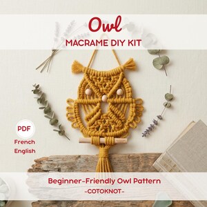DIYマクラメフクロウ壁掛けキット、初心者向けマクラメクリエイティブキット（PDFチュートリアル付き）、ボヘミアン風壁飾り