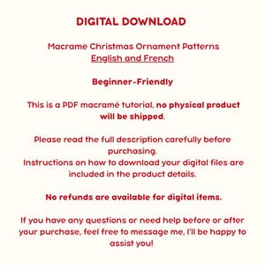 Puede incluir: Una descarga digital de patrones de adornos navide&ntilde;os de macram&eacute; en ingl&eacute;s y franc&eacute;s. El texto indica que es un tutorial en PDF para principiantes, no se env&iacute;a ning&uacute;n producto f&iacute;sico y no hay reembolsos disponibles para art&iacute;culos digitales.
