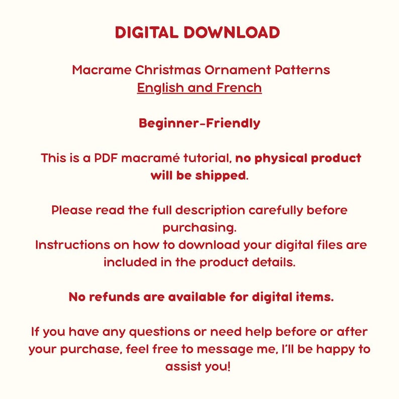 Puede incluir: Una descarga digital de patrones de adornos navide&ntilde;os de macram&eacute; en ingl&eacute;s y franc&eacute;s. El texto indica que es un tutorial en PDF para principiantes, no se env&iacute;a ning&uacute;n producto f&iacute;sico y no hay reembolsos disponibles para art&iacute;culos digitales.