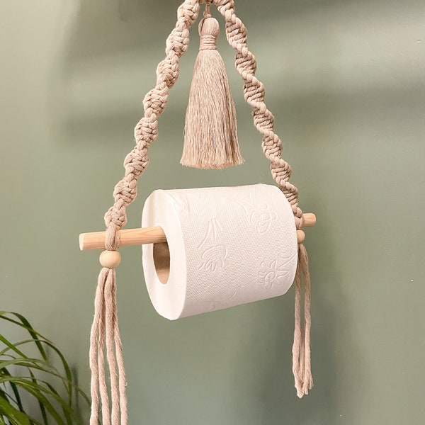 Dérouleur Papier Toilette Corde en Macramé Rangement Salle de Bain Suspendu Support Papier WC Mural Porte Papier Toilette Bohème