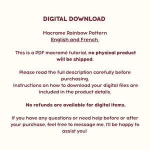 K&ouml;nnte beinhalten: Eine digitale Download-Grafik mit dem Text "DIGITAL DOWNLOAD" und "Macrame Rainbow Pattern English and French". Zus&auml;tzlicher Text erkl&auml;rt, dass es sich um ein PDF-Tutorial handelt, kein physisches Produkt versendet wird und Anweisungen enthalten sind.