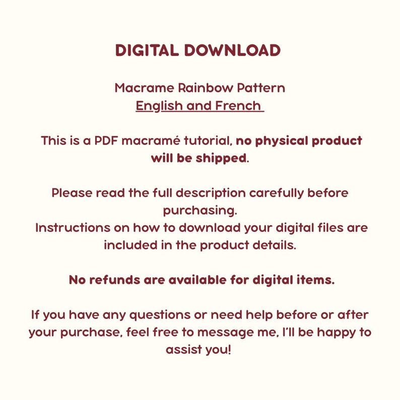 K&ouml;nnte beinhalten: Eine digitale Download-Grafik mit dem Text "DIGITAL DOWNLOAD" und "Macrame Rainbow Pattern English and French". Zus&auml;tzlicher Text erkl&auml;rt, dass es sich um ein PDF-Tutorial handelt, kein physisches Produkt versendet wird und Anweisungen enthalten sind.