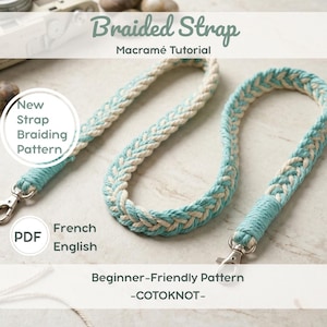 Könnte beinhalten: Geflochtener Makramee-Gurt in Türkis und Creme mit Metallhaken. Das Bild zeigt ein geflochtenes Muster. Der Text lautet "Braided Strap Macramé Tutorial" und "New Strap Braiding Pattern".