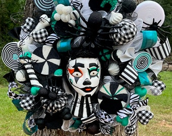 Clown wreath jester wreath clown decor comic book villain Halloween decor Halloween wreath spooky door decor teal Halloween decor clown face