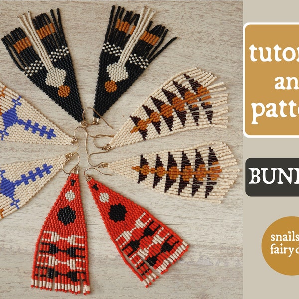 Beaded Fringe Earrings Tutorial and 4 Pattern Bundle, Seed Bead Pattern, Brick stitch patterns, Beading Patterns