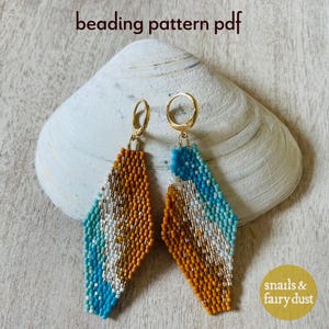 May include: A pair of beaded earrings with a geometric design in shades of orange, white, and turquoise. The earrings are suspended from gold-colored hoops. The text "beading pattern pdf" is at the top, and "snails & fairy dust" is in the lower right corner.