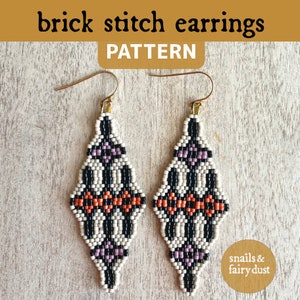 May include: A pair of black, white, orange, and purple brick stitch earrings with gold ear wires. The earrings are in the shape of a diamond and have a geometric pattern. The earrings are labeled "brick stitch earrings pattern" and "snails & fairy dust".