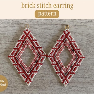 May include: A pair of red, white, and pink brick stitch earrings with a diamond shape. The earrings have a small hole at the top for attaching to a hook.