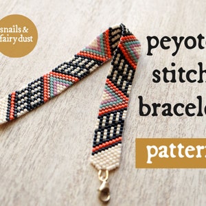 May include: A peyote stitch bracelet pattern with a geometric design in black, white, orange, teal, and pink beads. The bracelet is made with seed beads and has gold clasps.