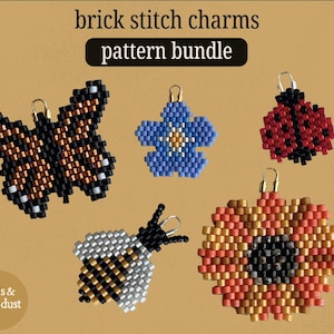 May include: A bundle of five brick stitch beading patterns for charms. The patterns include a butterfly, a flower, a ladybug, a bee, and a flower with a black center.
