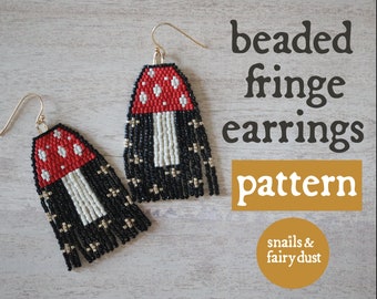 Beading Pattern, Beaded Jewelry Patterns,  Beaded Mushroom Earrings Pattern, Beaded Fringe Earrings,  Mushroom Beading Pattern