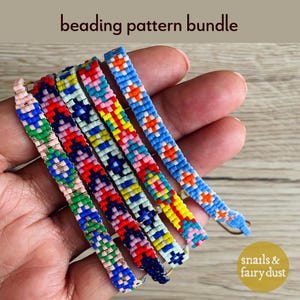 May include: Six beaded bracelets with intricate patterns are held in a hand. The bracelets display a range of colours, including blue, green, red, yellow, and pink. The image includes the text "beading pattern bundle".