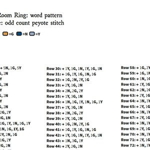 May include: A beading pattern chart for a window room ring, using odd count peyote stitch. The chart shows the bead colors and the order in which to stitch them. The bead colors are gold, blue, and white.
